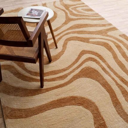 A high-pile bedroom rugs entry featuring a shaggy texture in a blend of beige and brown fibers.